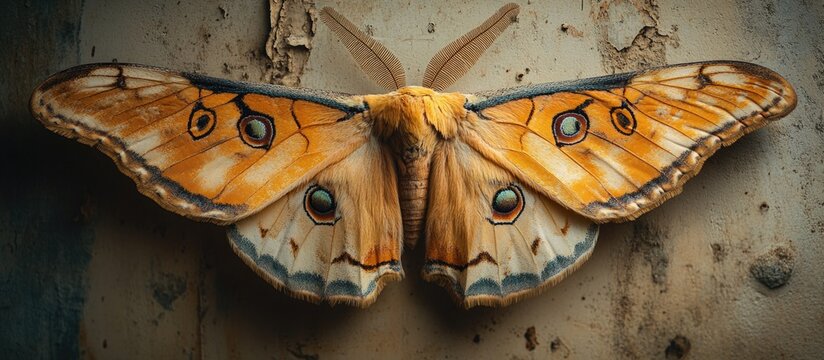 Giant orange moth perched on a textured wall showcasing intricate wing patterns and vibrant colors in a close-up view. - Powered by Adobe