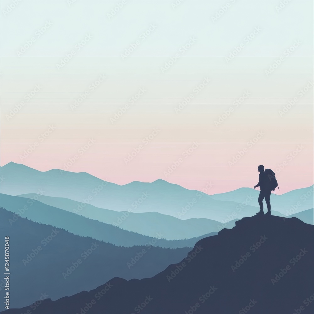 Poster Hiker with backpack stands on mountain ridge enjoying panoramic view of peaks during twilight. Generative AI