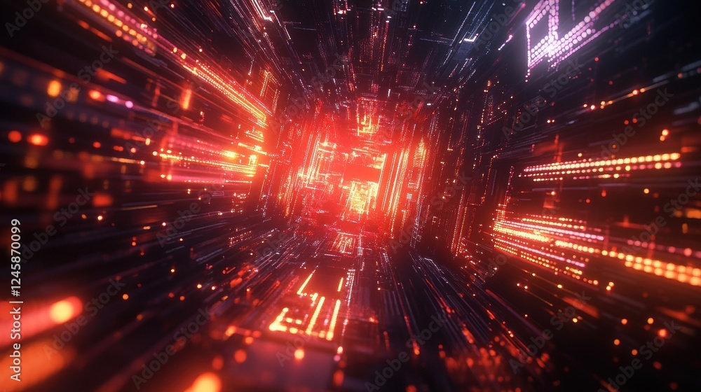 Poster high-tech circuit-inspired digital tunnel with glowing red and purple lights and intricate lines