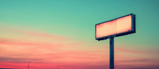 Vintage highway sign with illuminated display against a colorful sunset sky and ample copyspace for custom text or advertising purposes.