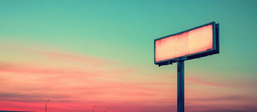 Vintage highway sign with illuminated display against a colorful sunset sky and ample copyspace for custom text or advertising purposes.