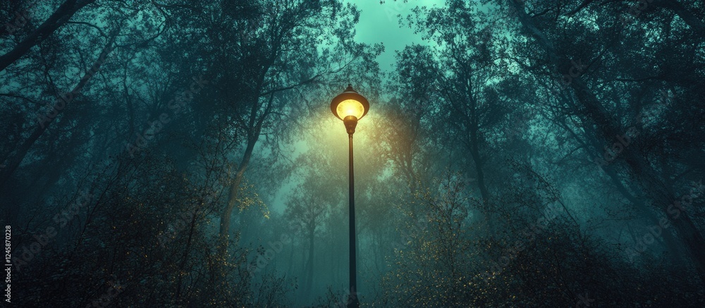 Poster mysterious lamppost illuminates a secluded forest path shrouded in darkness creating an enchanting a