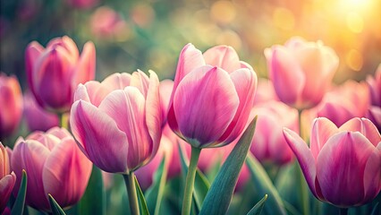 Fototapeta premium Vintage Pink Tulips Bouquet, Selective Focus, Colorful Spring Flowers, Macro Photography