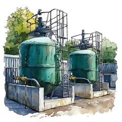 Naklejka premium Industrial Water Treatment Plant - Watercolor Illustration.