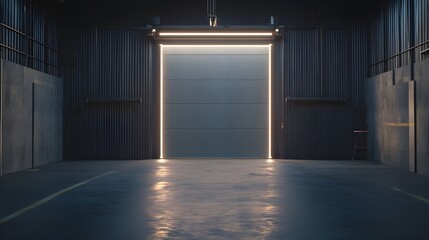 a dark industrial garage interior with a large, illuminated roll-up door. The floor is reflective, and the overall mood is moody and atmospheric.