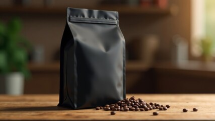 black mockup of brown pack of coffee standing on table
