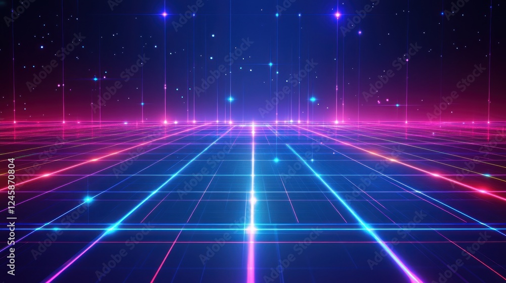 Poster futuristic grid background with glowing neon lines and starlight accents creating a sci-fi atmospher