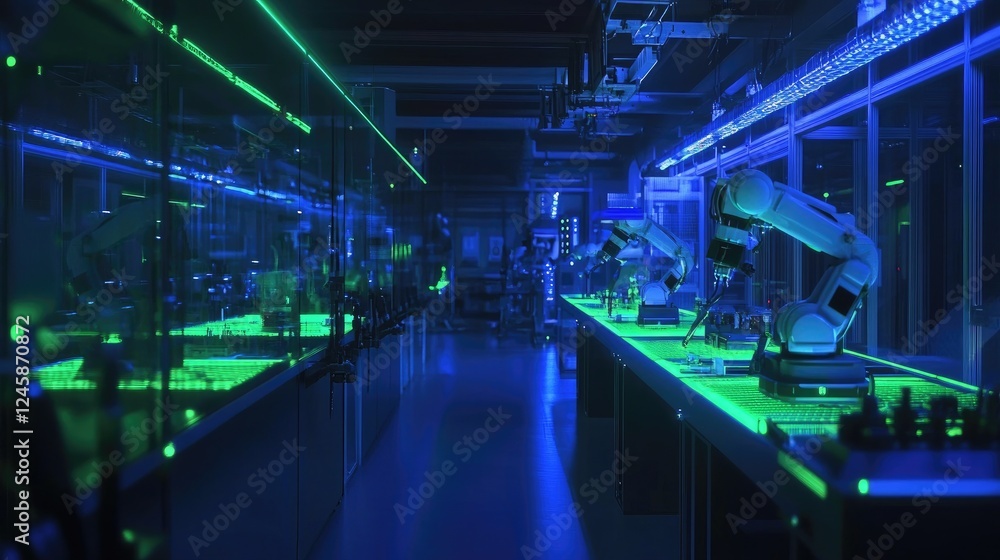 Aufkleber a robotic workstation with multiple robots interacting under blue and green led lighting, highlighti