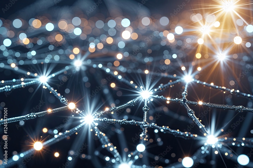 Poster vibrant networking lines with shining silver dots in contemporary tech design