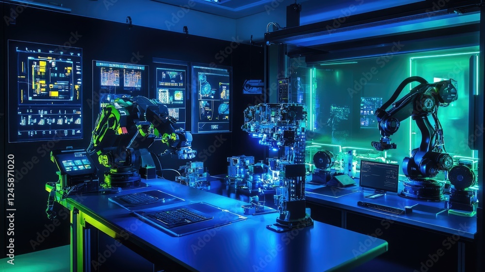 Poster A robotic workstation with multiple robots interacting under blue and green LED lighting, highlighting advancements in automation and technology.