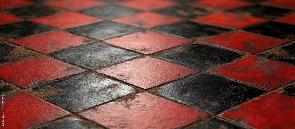 Poster maroon and black checker patterned synthetic rubberized flooring with a grungy texture and reflectiv