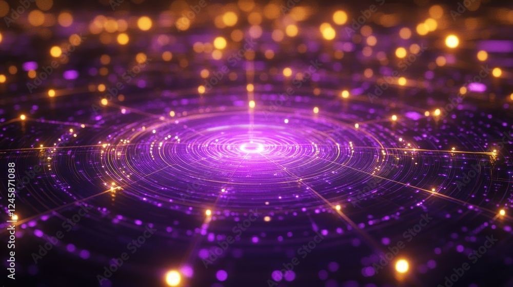 Poster a mesmerizing high-tech grid of golden circuits with a neon purple glow and bokeh effect