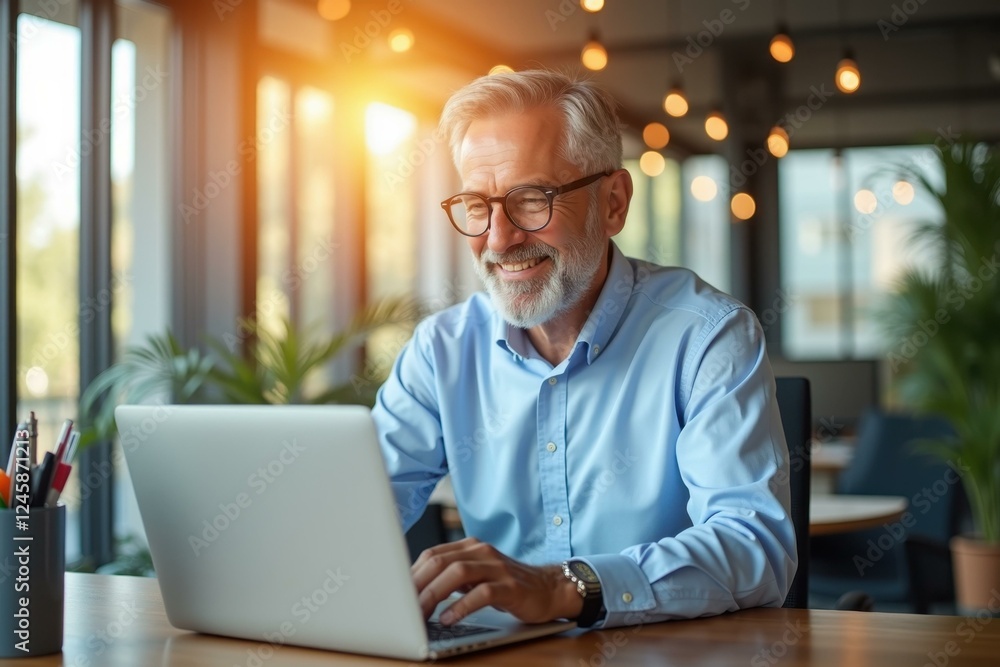 Poster man is sitting at table using his laptop computer