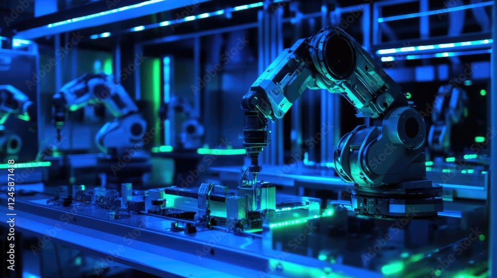 Poster A robotic workstation with multiple robots interacting under blue and green LED lighting, highlighting advancements in automation and technology.