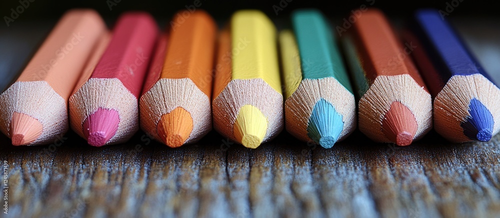 Aufkleber vibrant array of colorful pencils arranged neatly on a wooden surface showcasing a variety of hues a