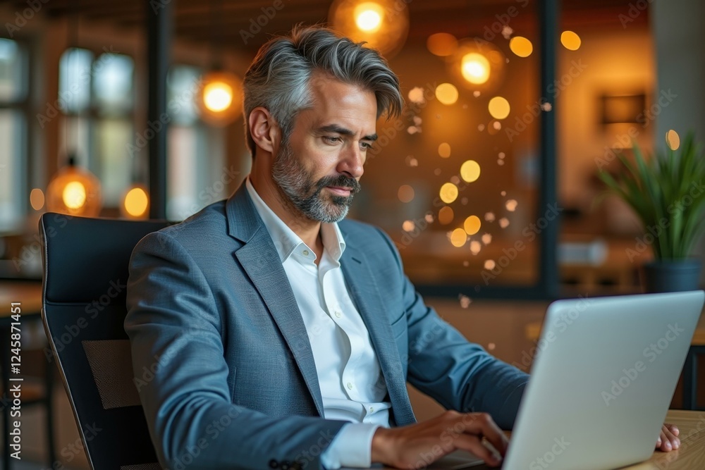 Poster man is sitting at table with laptop computer