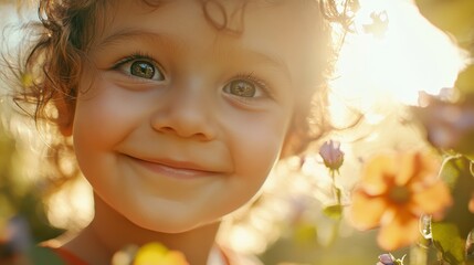Happy Child with Sparkling Eyes Smiling in a Sunlit Flower Field Close-Up