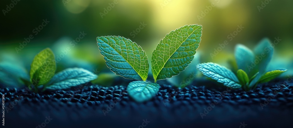 Poster green leaf emergence on textured black netting highlighting growth and resilience in nature with sha