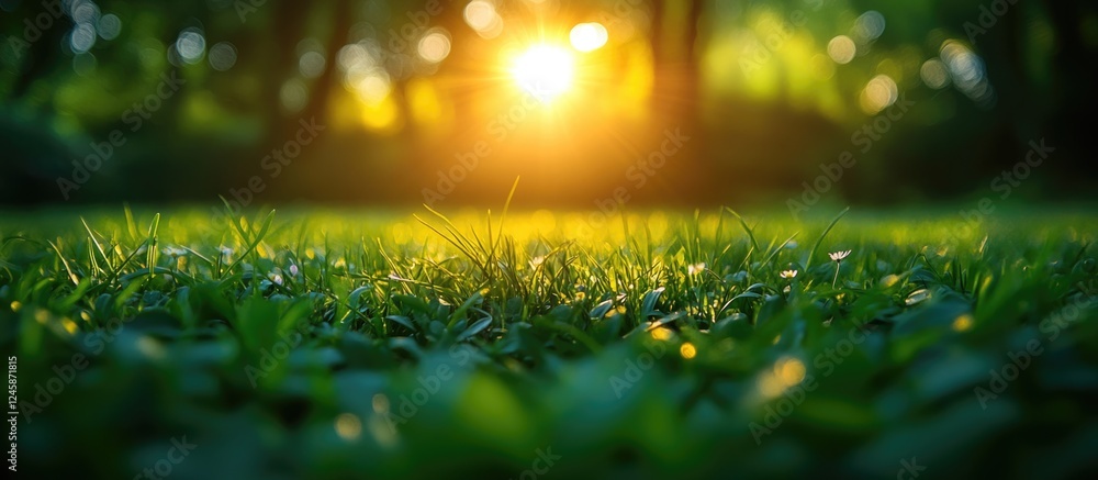 Aufkleber lush green grass with soft sunlight filtering through trees creating a serene and tranquil nature ba