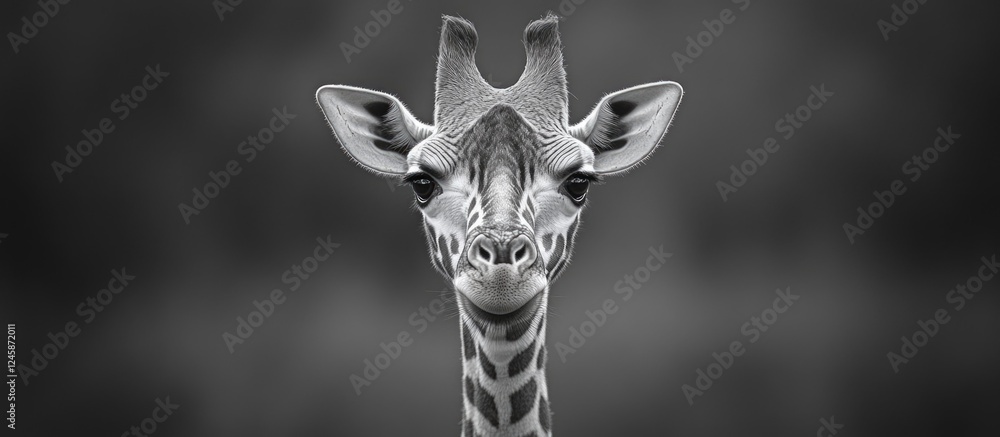 Poster grayscale close-up of a giraffe with selective focus gazing toward the camera showcasing its unique 