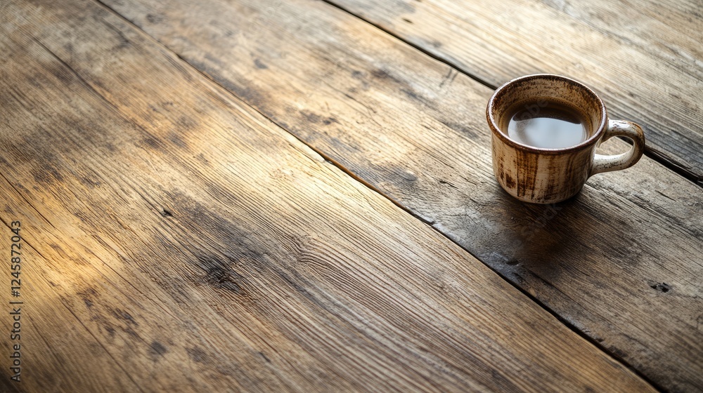 Poster a rustic wooden table with a coffee cup positioned artfully, natural light streaming across the surf