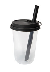 Plastic milk tea cup with straw isolated on white background.