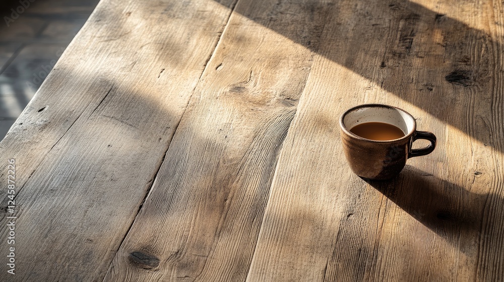 Poster a rustic wooden table with a coffee cup positioned artfully, natural light streaming across the surf
