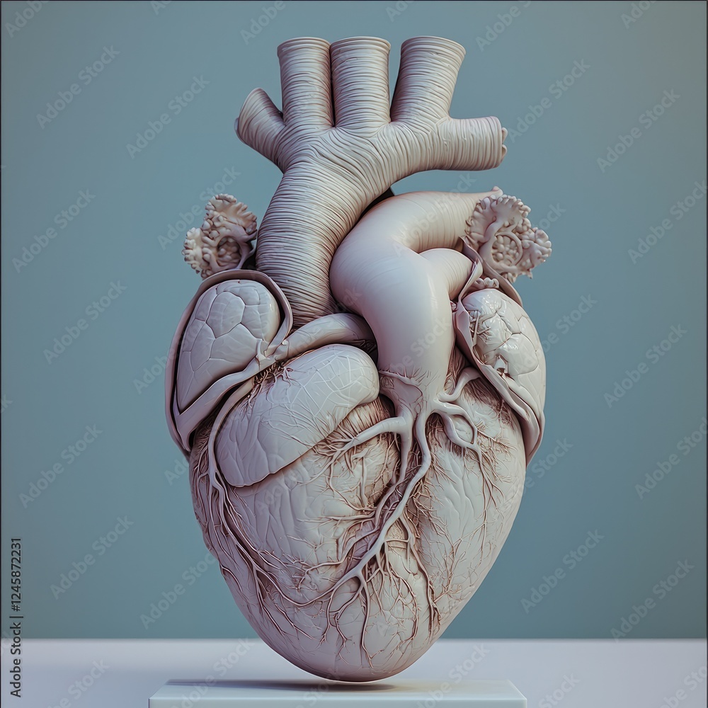 Poster a 3d model of a human heart is centrally positioned on a pedestal. showcasing its internal structure