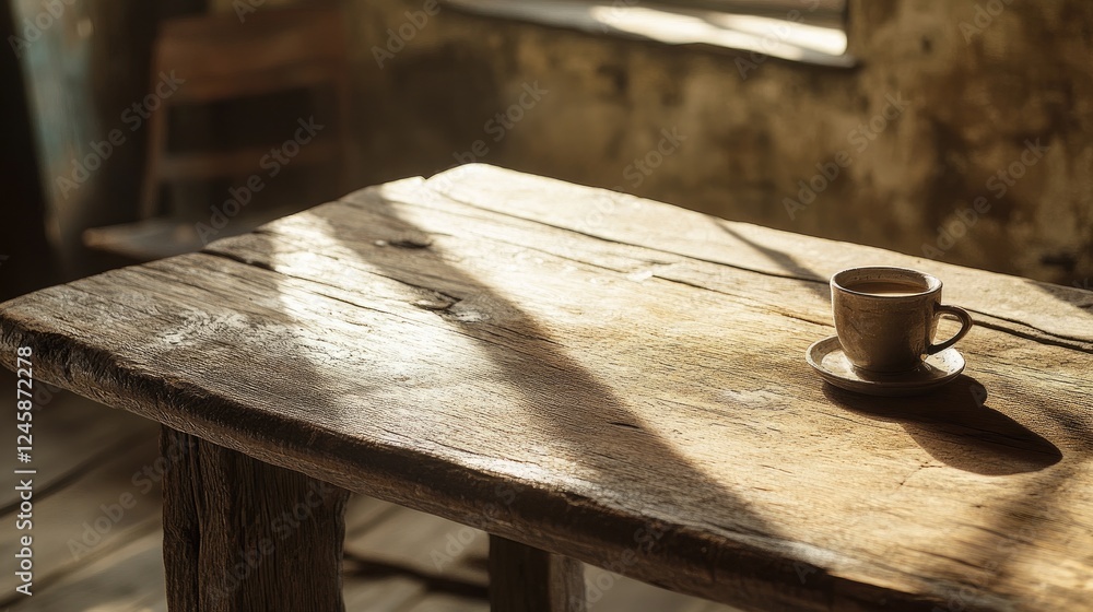 Poster a rustic wooden table with a coffee cup positioned artfully, natural light streaming across the surf