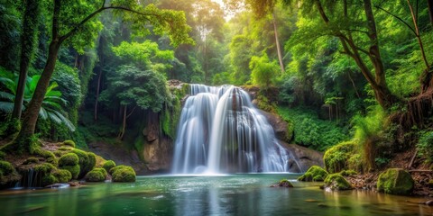 waterfall in forest surrounded by tall trees and greenery, outdoor adventure, scenic spot,  outdoor adventure