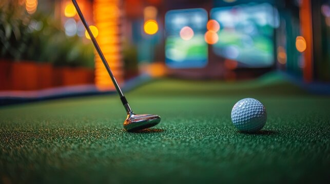 Set in a vibrant indoor space, a golf club hovers just above a pristine white ball resting on lush green turf. Soft lights create an inviting atmosphere, enhancing the leisure experience