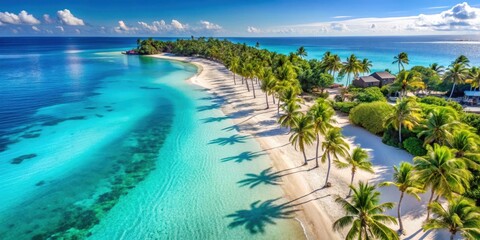 Fototapeta premium White sandy beach with crystal-clear turquoise water and palm trees along the shore in a beautiful French coastal resort, white sand , aerial view