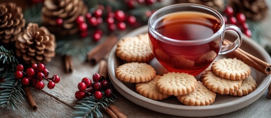 Fototapeta premium Tea and Cookies in a Christmas Wreath with Berries and Cinnamon on Light Wooden Background