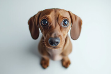 Dachshund puppy with big, expressive eyes, sitting on a white background for added cuteness