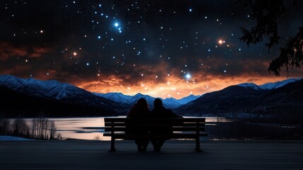 A couple wrapped in a blanket, sitting on a bench watching t...