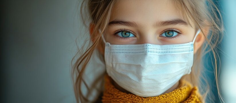 Child wearing a medical mask with bright blue eyes emphasizing health safety measures during the Covid-19 pandemic