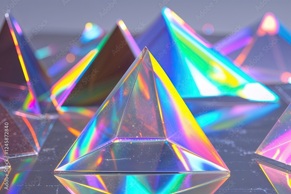 Poster diverse triangular holographic prisms displaying light spectrum variations on clear canvas