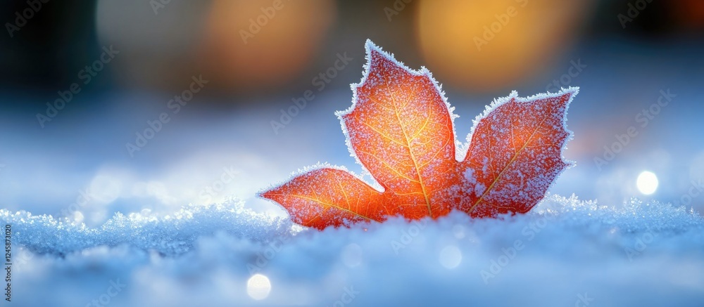 Poster frozen maple leaf resting on snow with glistening frost creating a serene winter atmosphere in a col
