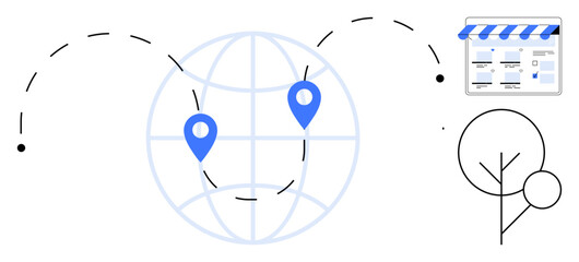 Global map with two blue location markers connected by a dotted line, small store icon, abstract tree. Ideal for logistics, e-commerce, globalization, mapping, online shopping, business expansion