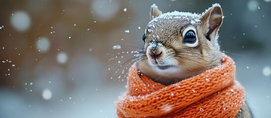 Obraz premium Small animal with earmuffs and orange scarf in snowfall scene featuring empty copyspace for seasonal or promotional text