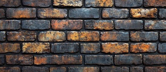 Obraz premium Textured exterior brick wall with a rustic appearance showcasing dark hues and natural imperfections for architectural design inspiration.