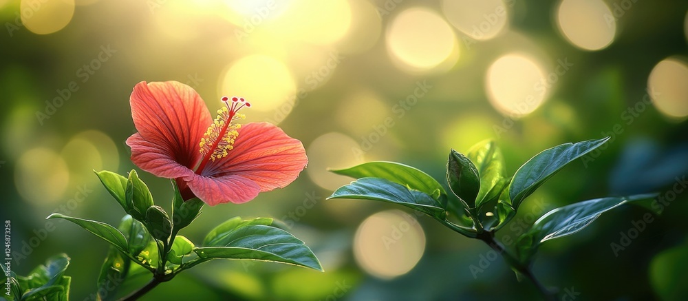 Poster vibrant red hibiscus bud surrounded by lush greenery with soft bokeh lighting creating a serene outd