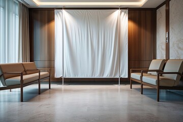 Modern Hospital Waiting Room with Elegant Furnishings and Empty White Banner for Interior Design Inspiration