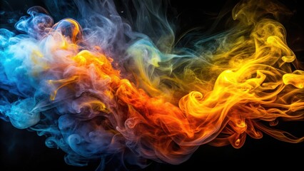 Swirling smoke in vivid colors layered on a dark background, with tendrils of orange and yellow extending outwards from a central point , dark background, smoke effects