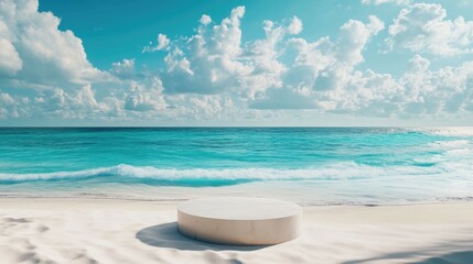 Obraz premium A serene beach backdrop with white sand and turquoise sea, featuring a pedestal for showcasing cosmetic products, perfect for a luxurious, tranquil setting.