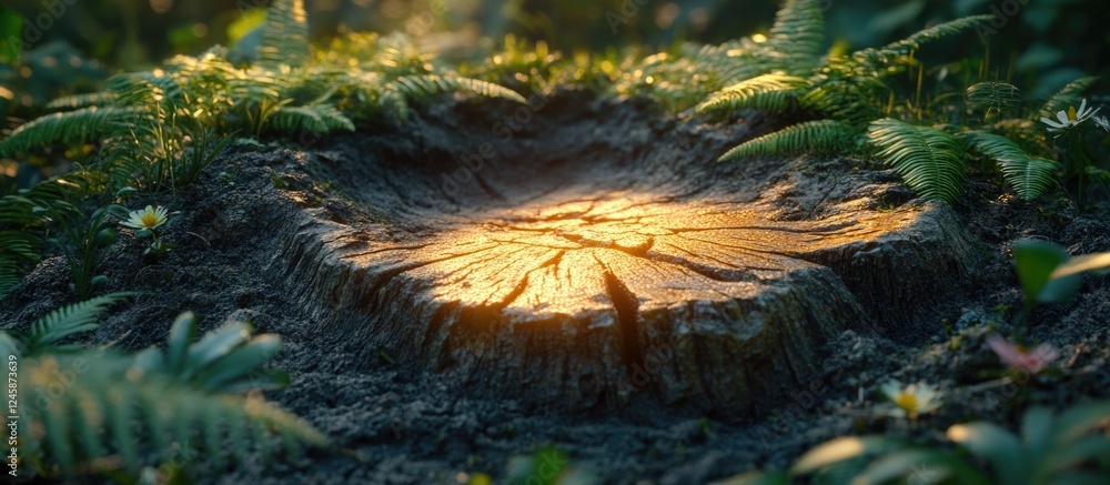 Poster footprint resembling a tree stump in a serene forest setting with vibrant greenery and soft lighting