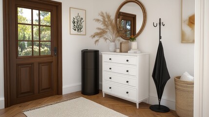 Bright hallway showcases a dark wooden door, white chest of drawers, mirror, and stylish umbrella stand in a contemporary setting