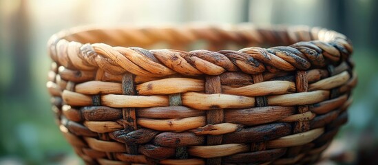 Obraz premium Willow twigs woven basket texture showcasing intricate craftsmanship and natural materials with a warm sunlight background.