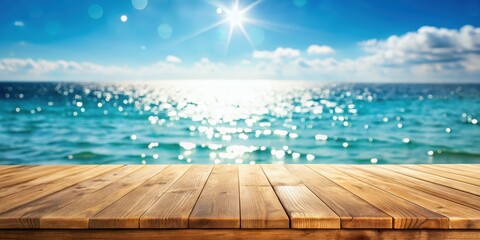 Obraz premium Wooden table top with blurred background of sparkling sea water and a summer sky, interior, peaceful scene