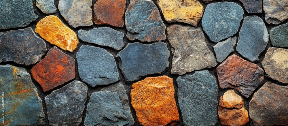 Poster textured natural stone floor featuring an array of irregularly shaped stones in various colors, grou